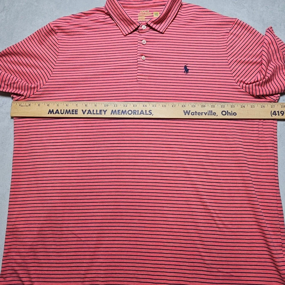 Polo Ralph Lauren Mens XXL Performance Polo Shirt Coral Pink Navy Blue‎ Striped